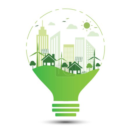 Illustration for Green cityscape on light bulb ecology. eco sustentable idea logo. vector illustration flat design. natural and environmental concept. save energy save the world. - Royalty Free Image