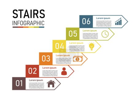 Illustration for Staircase infographic 6 element for presentation. ladder to success business concept. can be used for workflow layout, diagram, web design. vector illustration in flat style modern design. - Royalty Free Image