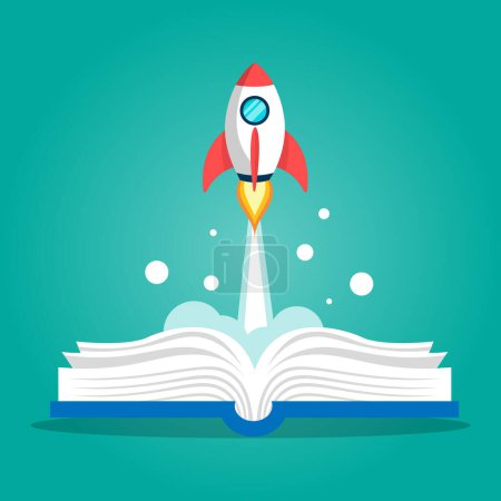 Photo for Open book with rocket ship flying out on blue background. Vector illustration flat design. Educational and learning concepts. Reading and knowledge logo. - Royalty Free Image