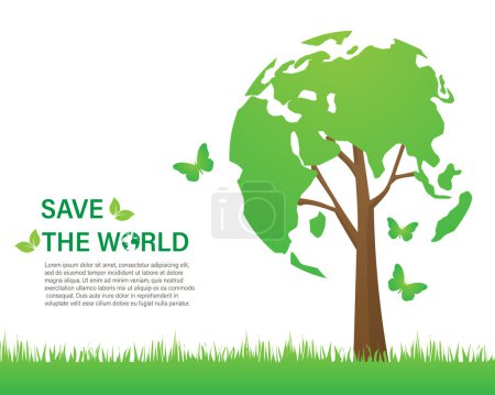 Illustration for Ecology environmentally friendly concept. Save the world tree shaped world map. vector illustration in flat design. isolated on white background. green sustainable nature. - Royalty Free Image