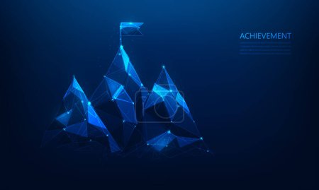 Illustration for Mountain mission goal and flag low poly wireframe on blue background. business strategy to success climbing route. vector illustration fantastic technology design. - Royalty Free Image