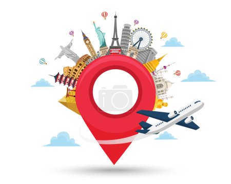 Illustration for Travel landmark around the world and pin with plane. Tourism trip concept. Journey in vacation. vector illustration in flat style modern design. isolated on white background. - Royalty Free Image