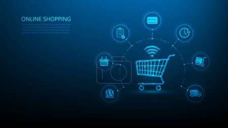 Warenkorb Online-Shopping-Technologie mit Symbol auf blauem Hintergrund. E-Commerce-Bereitstellung digitales Konzept. Vektor Illustration fantastisches Design.