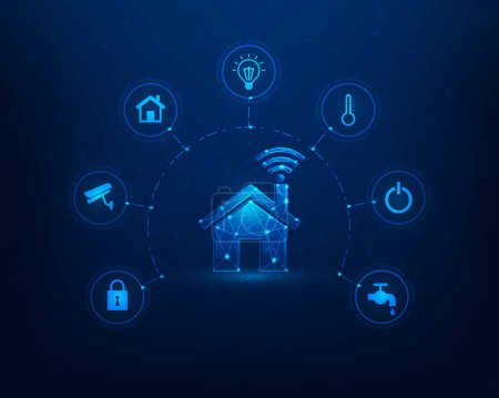 Illustration for Smart home internet of things technology on blue background. home automation system. mobile control electronic device in house. iot concept with icon. vector illustration fantastic design. - Royalty Free Image