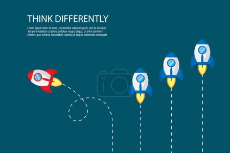 Illustration for Think differently red rocket on sky blue background. business and finance concept. vector illustration flat design. The way to success - Royalty Free Image