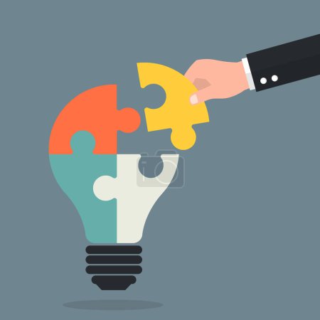 Illustration for Hands putting light bulb puzzle. business and problem solution concept. vector illustration in flat design. creative idea complete jigsaw. - Royalty Free Image