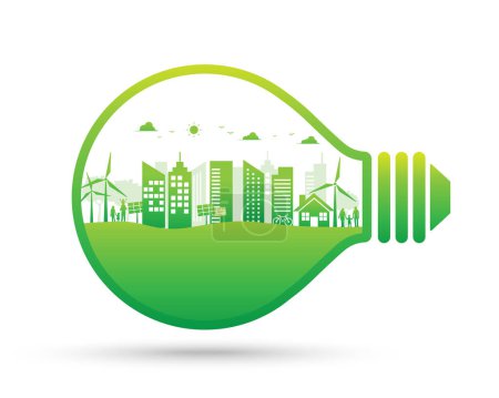Illustration for Green light bulb and ecology environment cityscape. World  sustainable development. Vector illustration in flat design. isolated on white background. Clean and natural energy. - Royalty Free Image