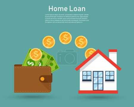 Illustration for Home Loan concept. Buying house. Brown wallet with lots of money. deal sale and purchase of real. Vector illustration flat design.  Real estate investment. - Royalty Free Image