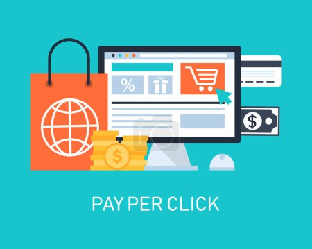 Illustration for Ecommerce payment with computer and money. online shopping on blue background. pay per click. vector illustration in flat style modern design. - Royalty Free Image
