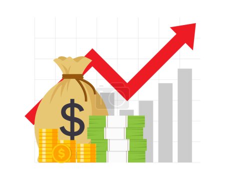 Illustration for Business graph arrow up growth investment and money bag coin. chart finance income increase growing. vector illustration flat design. - Royalty Free Image