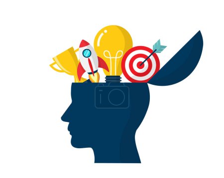 Illustration for Head mind open idea thinking and light bulb. business creative goal target. achievement motivation. skill creative inspiration. vector illustration flat design. - Royalty Free Image