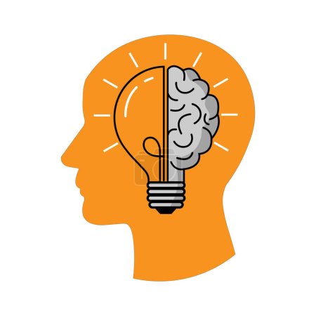 Illustration for Creative idea logo with human brain head on background. idea thinking and light bulb. business achievement motivation. skill inspiration. learning and knowledge. vector illustration flat design. - Royalty Free Image