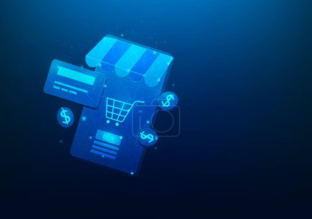 Illustration for Shopping online payment digital technology on blue background. e-commerce smartphone and money credit with coin. delivery buy shop and cart. vector illustration low poly fantastic design. - Royalty Free Image