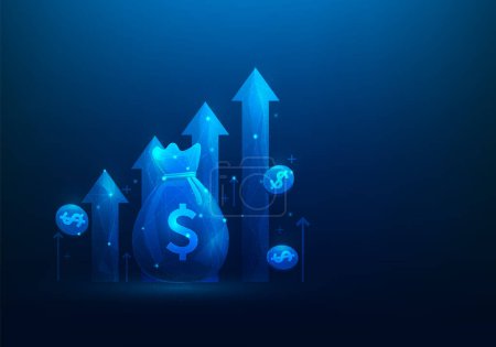 Illustration for Bag money and coin with graph growth digital technology. Income, profits and investment returns. trade arrow up. Bank finance and funds. vector illustration low poly fantastic design. - Royalty Free Image