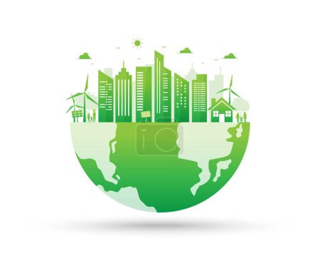 Illustration for Green ecology environment sustainable renewable energy cityscape on the world. save the world with eco-friendly. vector illustration in modern design. - Royalty Free Image