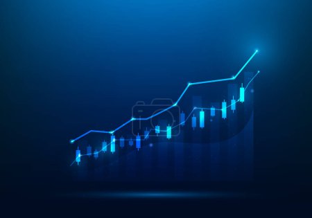 Illustration for Business trading graph stock candle investment growth up on blue background. financial data technology strategy to success. market chart profit money increase. vector illustration digital fantastic. - Royalty Free Image