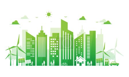 Illustration for Ecology environment and conservation green energy city on white background. green eco home friendly sustainable development. Vector illustration in flat design on white background. Clean and natural. - Royalty Free Image