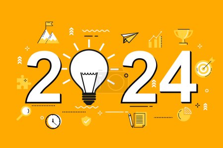 Illustration for Bright idea light bulbs different on yellow for background. 2024 creative layout banner study knowledge symbol. - Royalty Free Image