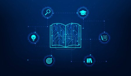 Illustration for Education technology online learning on blue background. open book digital online. e learning concept. studying and knowledge. vector illustration hi-tech line and dot concept. - Royalty Free Image