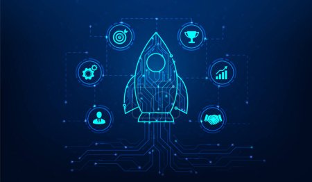 Illustration for Rocket launch business start up digital technology on blue background. new business growth success. leadership strategy achievement. vector illustration hi-tech line circuit design. - Royalty Free Image