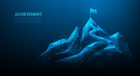 Illustration for Business strategy mountain achievement to success technology on blue background. way to goal climbing route. flag on mountain mission complete concept. vector illustration wireframe. - Royalty Free Image