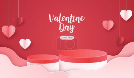 Illustration for Podium display happy valentine's day with heart paper cut on red background. valentine poster banner sale copy space. love in february concept wallpaper. vector illustration design. - Royalty Free Image