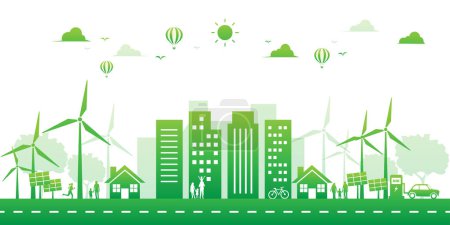 Illustration for Green city ecology environment and renewable energy on white background. lanscape sustainable building solar panel and wind turbine. save the world with eco-friendly. vector illustration flat. - Royalty Free Image