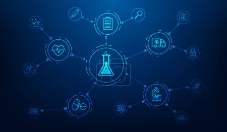 Illustration for Science medical and experiments innovation technology with icon blue background. biology and chemistry line symbol wallpaper banner. health care research laboratory dna. vector illustration fantastic. - Royalty Free Image