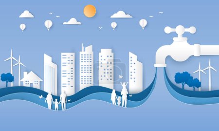 Illustration for World water day with ecology city on blue background paper cut style. save water clean renewable. vector illustration paper cut design. - Royalty Free Image