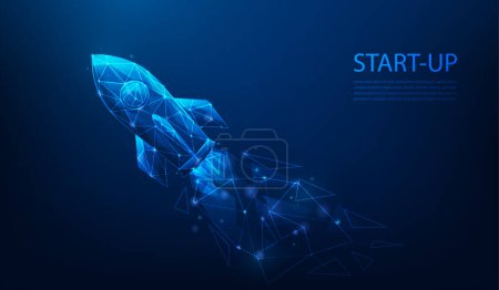 Illustration for Rocket launch business start up low poly wireframe on blue background. business achievement to sucess concept.vector illustration fantastic design - Royalty Free Image
