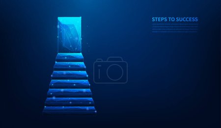 Illustration for Business step to door success low poly wireframe on blue background. stair to goal. strategy working target. vector illustration fantastic design. - Royalty Free Image