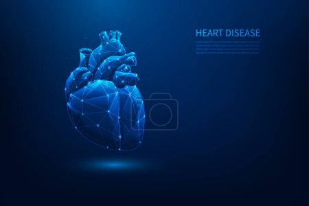 Illustration for Heart disease low poly wireframe and healthcare medical on blue dark background. science medical technology concept. vector illustration fantastic design - Royalty Free Image