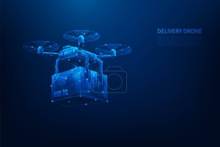 Illustration for Logistic drone package in future technology low poly wireframe. delivery and shopping concept. vector illustration fantastic design on blue background. - Royalty Free Image