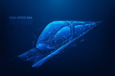 Illustration for Train speed technology low poly wireframe on blue background. logistic high speed rail. vector illustration fantastic design background. - Royalty Free Image