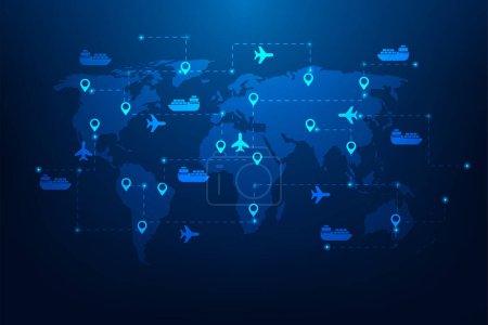 Logistik Transport weltweit globale Verbindung auf der Karte blauer Hintergrund. Lieferung und Versand auf der ganzen Welt. Vektor Illustration Technologie fantastisches Design.