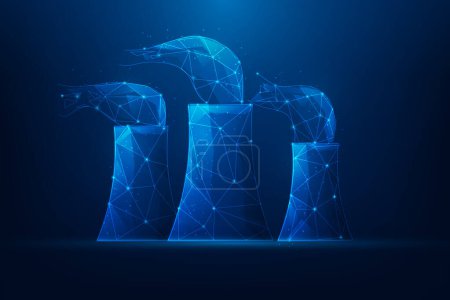 Illustration for Nuclear power plant low poly wireframe on blue background. sustainable and renewable energy. vector illustration fantastic design. - Royalty Free Image