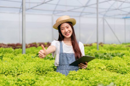 Téléchargez les photos : Femme agricultrice intelligente travaillant et contrôlant la qualité des légumes hydroponiques biologiques en plantation de serre à la direction préparant l'exportation pour la vente. - en image libre de droit