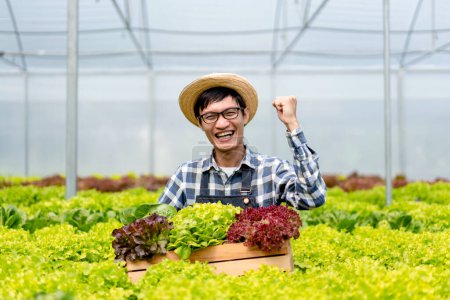 Photo for Young man smart farmer smiling success and hoding organic hydroponic vegetable in basket to management preparing export to sell. - Royalty Free Image