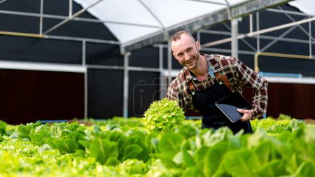 Photo for Young agribusiness man smart farmer holding tablet and checking organic hydroponic vegetable to preparing harvest export to sell. - Royalty Free Image