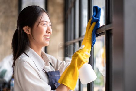 Téléchargez les photos : Femme au foyer dans le tablier portant des gants pour pulvériser de la pulvérisation d'hygiène sur le miroir et en utilisant du tissu en microfibre pour essuyer la poussière pendant le travail et le nettoyage des meubles dans la maison. - en image libre de droit