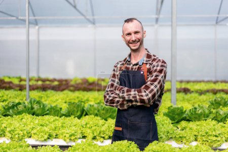 Photo for Agribusiness farmer and hydroponic farming concept, Confident man smiling and standing with arms cross in hydroponics farm after inspecting quantity and quality of salad vegetables before harvesting. - Royalty Free Image