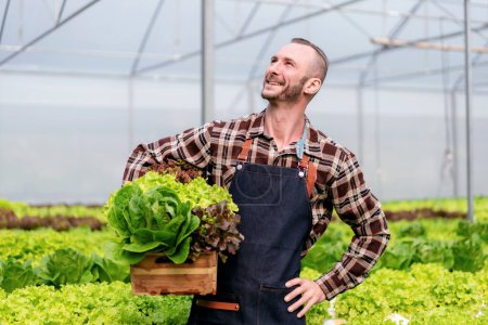 Foto de Joven agricultor agronegocio inteligente sonriendo y sosteniendo verduras hidropónicas orgánicas en la cesta para comprobar la calidad y preparar la exportación para vender. - Imagen libre de derechos