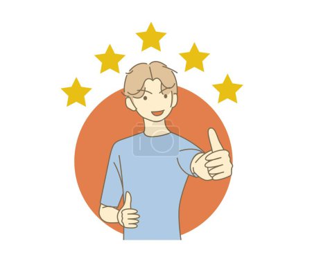 Illustration for Cartoon character. Young man making good sign, shows gesture cool. Customer review rating and client feedback concept. Smiling cute brunette male. 2d vector illustration - Royalty Free Image