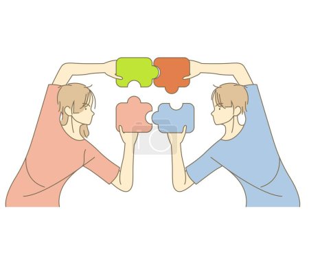 Illustration for Jigsaw puzzle pieces symbol of teamwork. Problem-solving, business challenge in 2d hand of connection jigsaw puzzle, partnership success. 2d teamwork puzzle success icon vector illustration - Royalty Free Image
