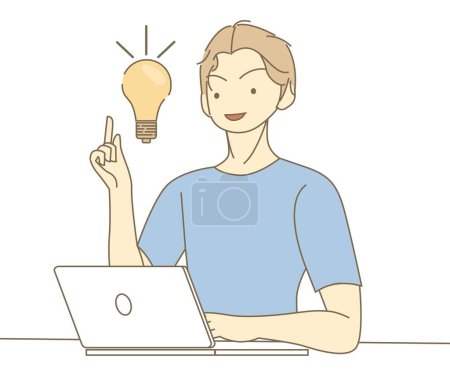Illustration for Young man working on the laptop computer and having a idea. Freelance job, creativity innovation and business idea concept. 3d vector people character illustration. Cartoon minimal style - Royalty Free Image