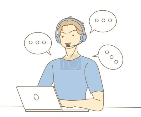 Illustration for Office operator with headset talking with clients. Customer service, call center, hotline, customer support department staff concept. 2d vector people character illustration. Cartoon minimal style - Royalty Free Image