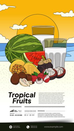 Téléchargez les illustrations : Fruits tropicaux illustration mise en page poster pour les médias sociaux - en licence libre de droit