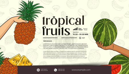 Téléchargez les illustrations : Tourisme ou santé événement affiche idée avec des fruits tropicaux illustration - en licence libre de droit