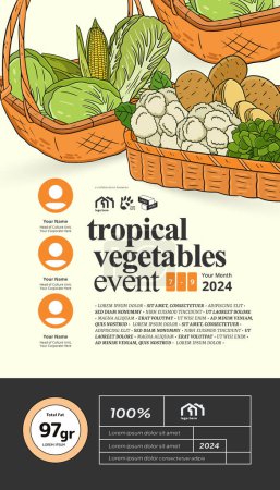Idea del cartel del evento de salud con verduras tropicales Idea del cartel del evento de salud con verduras tropicales ilustración