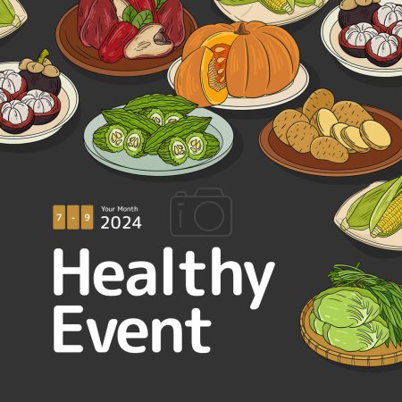 Téléchargez les illustrations : Idée affiche événement santé avec légumes tropicaux Idée affiche événement santé avec légumes tropicaux illustration - en licence libre de droit